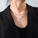 Lilith Crescent Moon Cross Charm Pendant and Necklace Double Layer